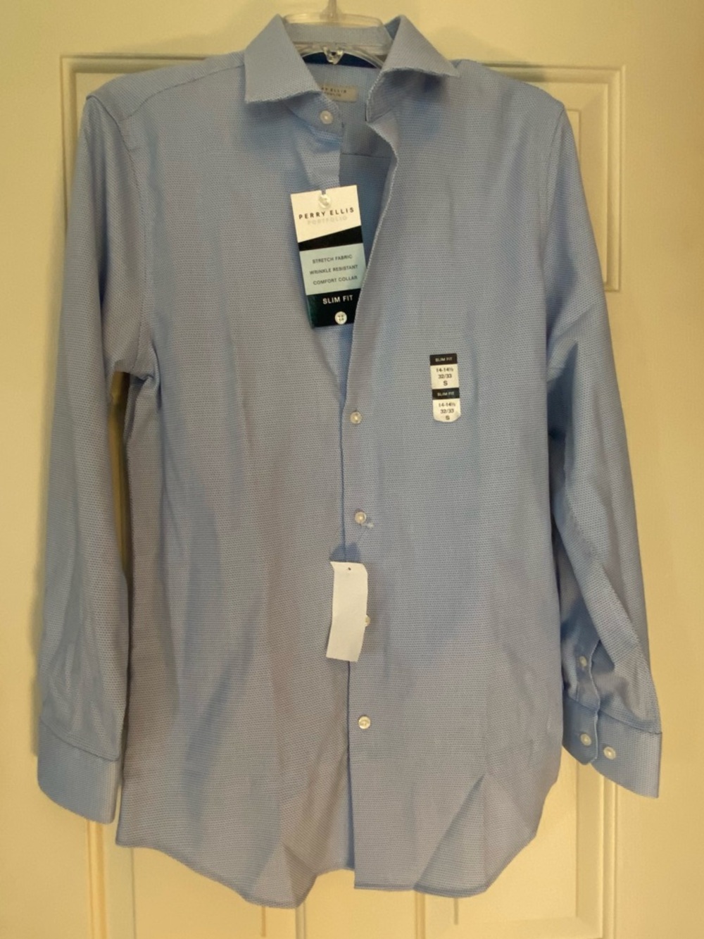 New Perry Ellis Portfolio Slim Fit Dress Shirt Mens 14-14.5 32/33 Blue Geometric